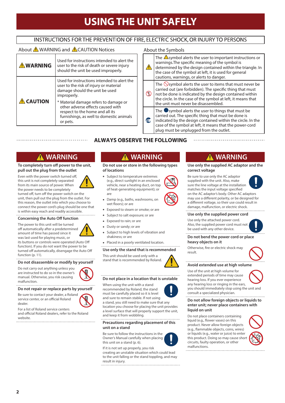 Using the unit safely, P. 2) and, Warning | Always observe the following, About warning and caution notices, About the symbols | Roland Fantom-08 88-Key Music Workstation Keyboard User Manual | Page 2 / 36