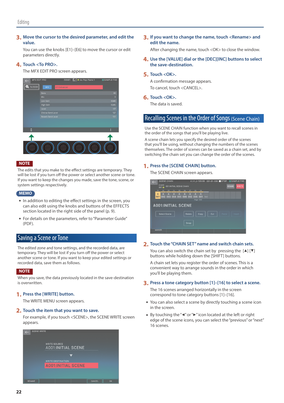 Saving a scene or tone, Recalling scenes in the order of songs, Editing | Roland Fantom-08 88-Key Music Workstation Keyboard User Manual | Page 22 / 36