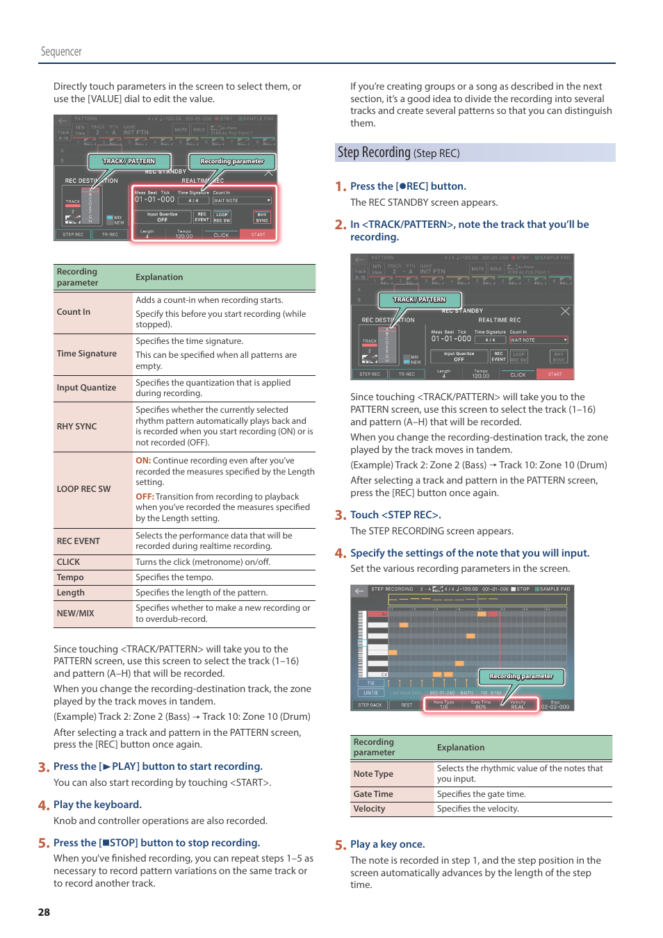 Step recording, Sequencer | Roland Fantom-08 88-Key Music Workstation Keyboard User Manual | Page 28 / 36