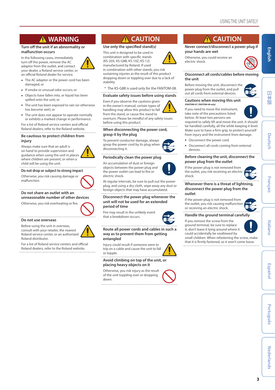 Warning, Caution, Using the unit safely | Roland Fantom-08 88-Key Music Workstation Keyboard User Manual | Page 3 / 36