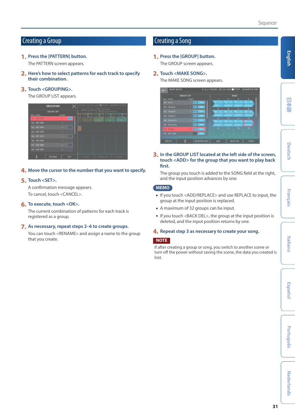 Creating a group, Creating a song | Roland Fantom-08 88-Key Music Workstation Keyboard User Manual | Page 31 / 36