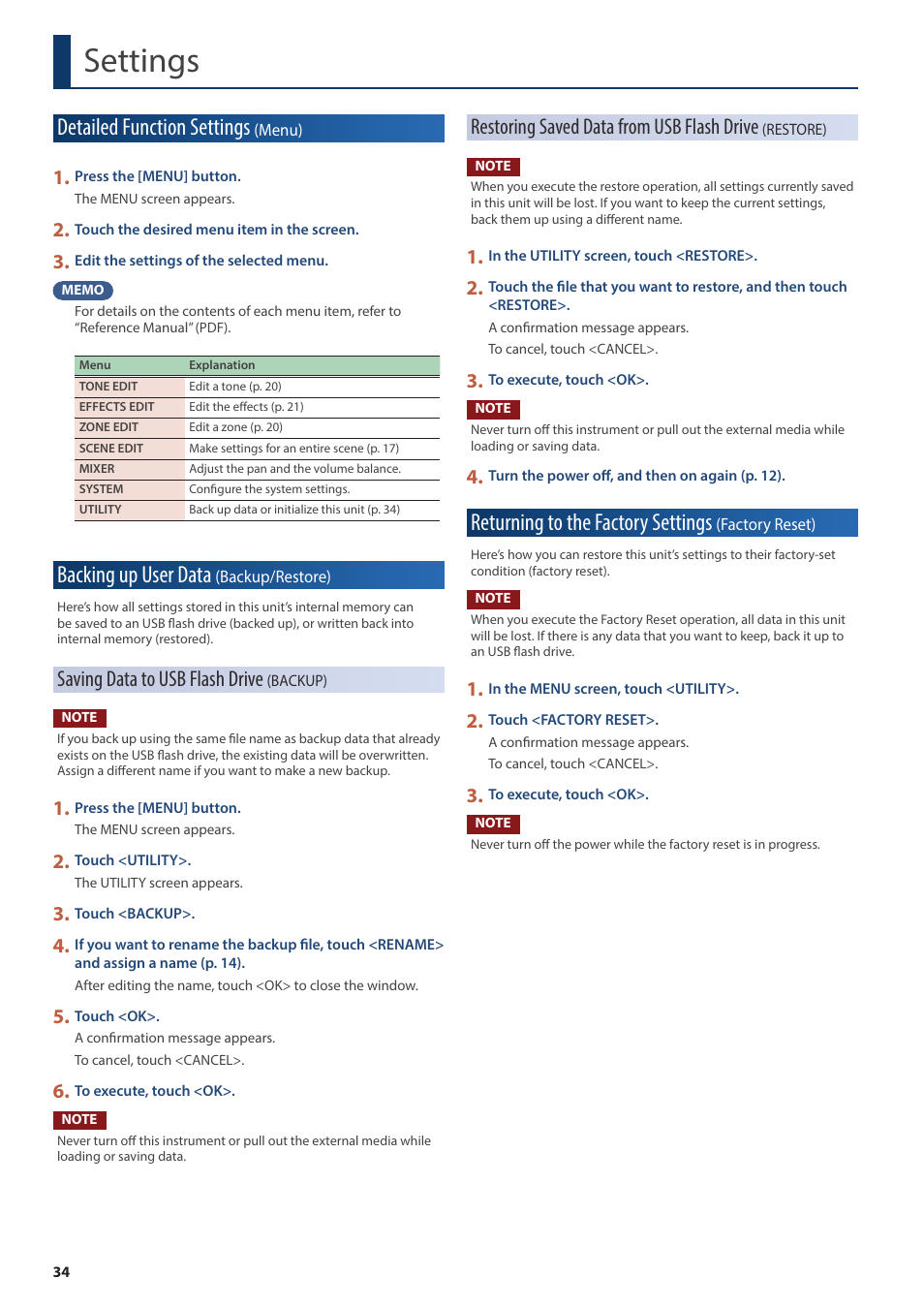Settings, Detailed function settings (menu), Backing up user data (backup/restore) | Returning to the factory settings (factory reset), Detailed function settings, Backing up user data, Returning to the factory settings, Saving data to usb flash drive, Restoring saved data from usb flash drive | Roland Fantom-08 88-Key Music Workstation Keyboard User Manual | Page 34 / 36