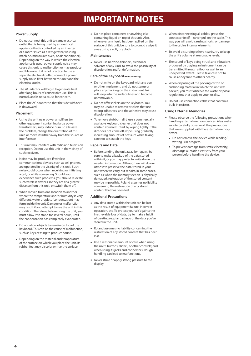 Important notes, P. 4). a | Roland Fantom-08 88-Key Music Workstation Keyboard User Manual | Page 4 / 36