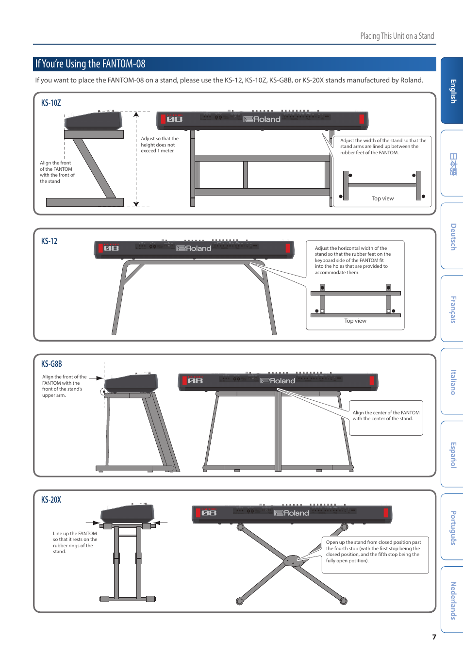 If you’re using the fantom-08, Placing this unit on a stand, Ks-10z | Ks-12, Ks-g8b, Ks-20x | Roland Fantom-08 88-Key Music Workstation Keyboard User Manual | Page 7 / 36