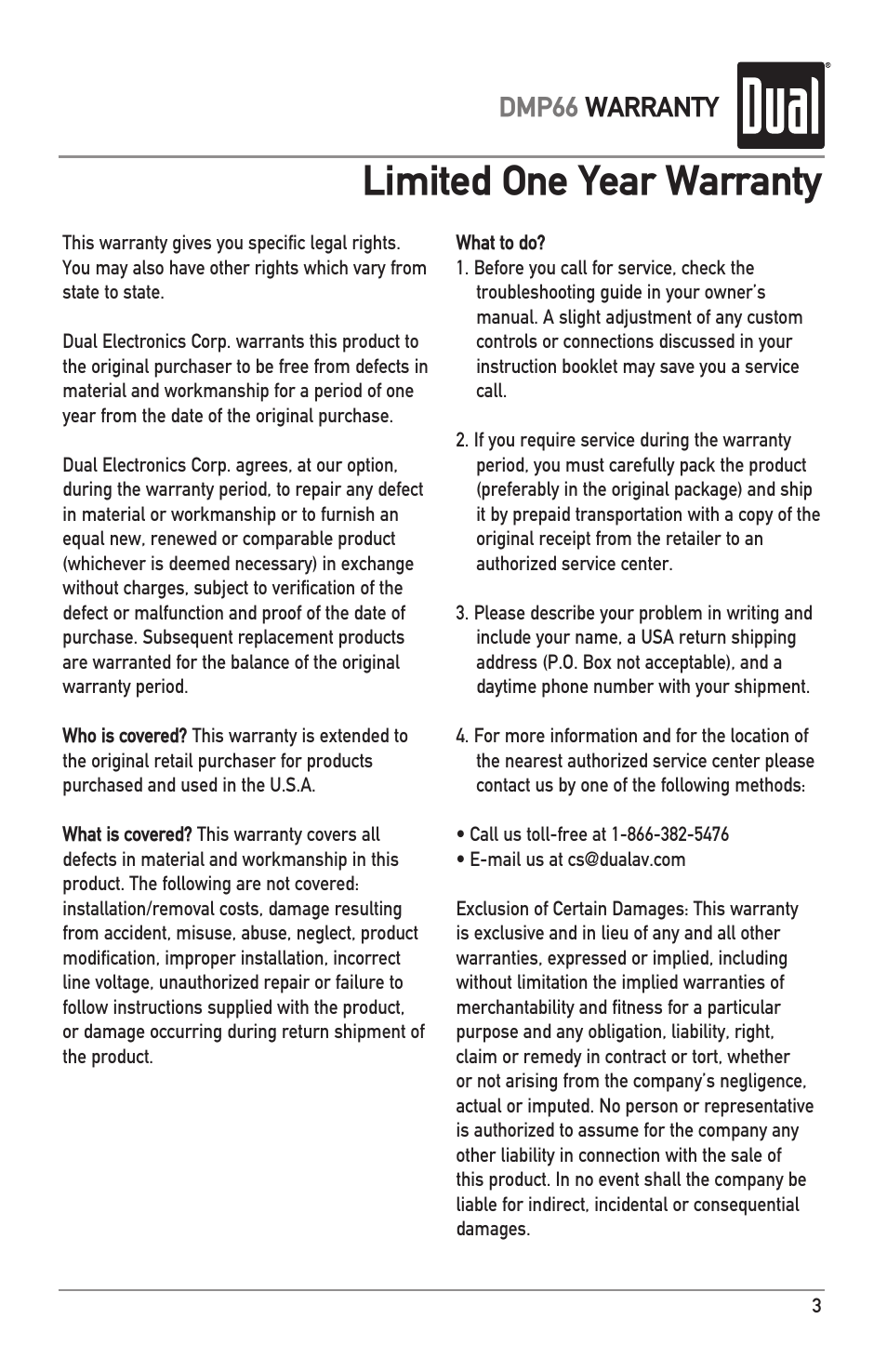 Limited one year warranty, Dmp66 warranty | Dual DMP66 User Manual | Page 3 / 4