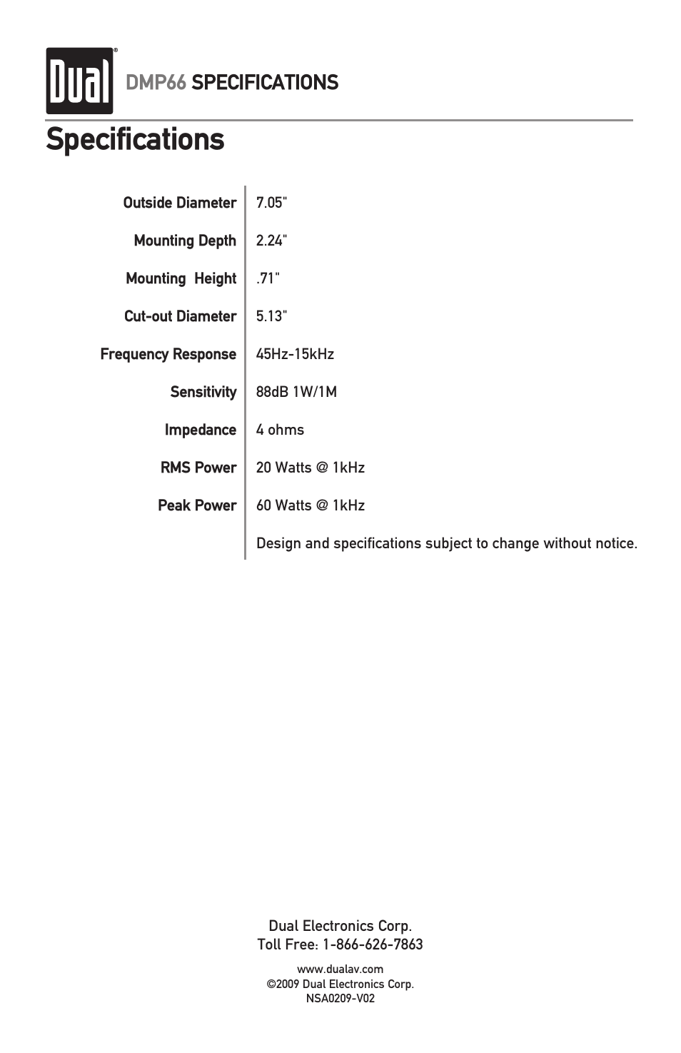 Specifications, Dmp66 specifications | Dual DMP66 User Manual | Page 4 / 4