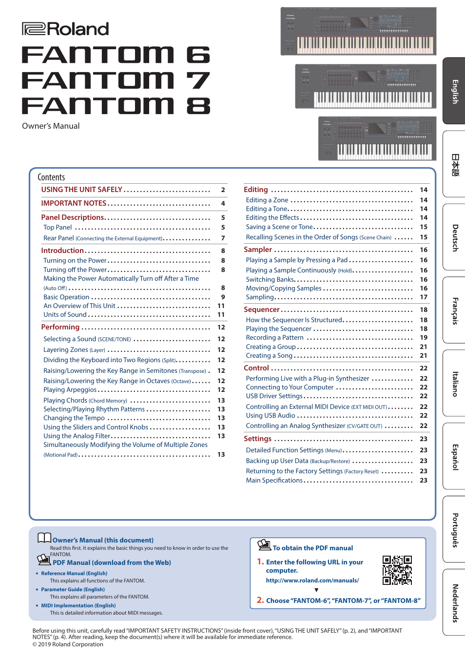 Roland FANTOM-7 76-Note Workstation Keyboard User Manual | 24 pages