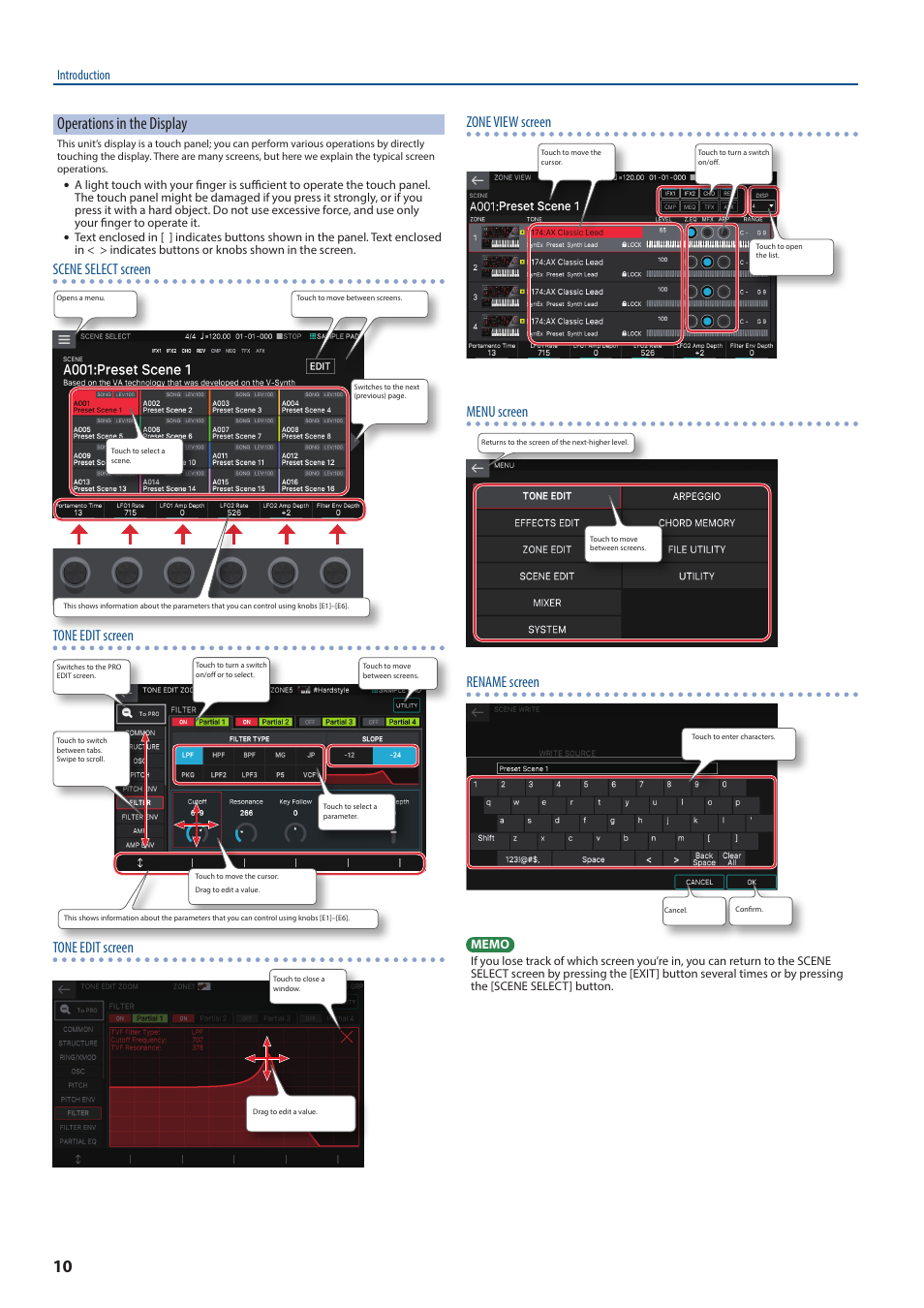 Operations in the display, Scene select screen, Tone edit screen | Zone view screen, Menu screen, Rename screen, Introduction | Roland FANTOM-7 76-Note Workstation Keyboard User Manual | Page 10 / 24