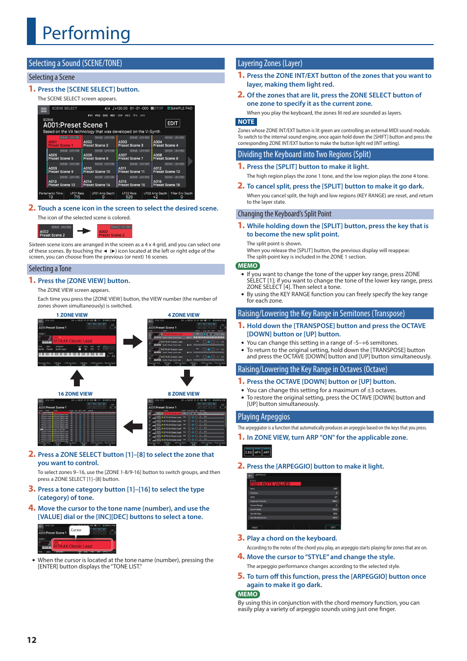 Performing, Selecting a sound (scene/tone), Layering zones (layer) | Dividing the keyboard into two regions (split), Raising/lowering the key range in octaves (octave), Playing arpeggios, Selecting a sound, Scene/tone), Layering zones, Layer) | Roland FANTOM-7 76-Note Workstation Keyboard User Manual | Page 12 / 24