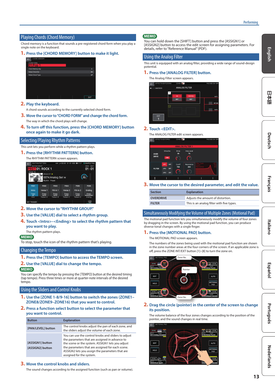 Playing chords (chord memory), Selecting/playing rhythm patterns, Changing the tempo | Using the sliders and control knobs, Using the analog filter, Playing chords, Chord memory), Motional pad), Changing the tempo 1, Using the sliders and control knobs 1 | Roland FANTOM-7 76-Note Workstation Keyboard User Manual | Page 13 / 24