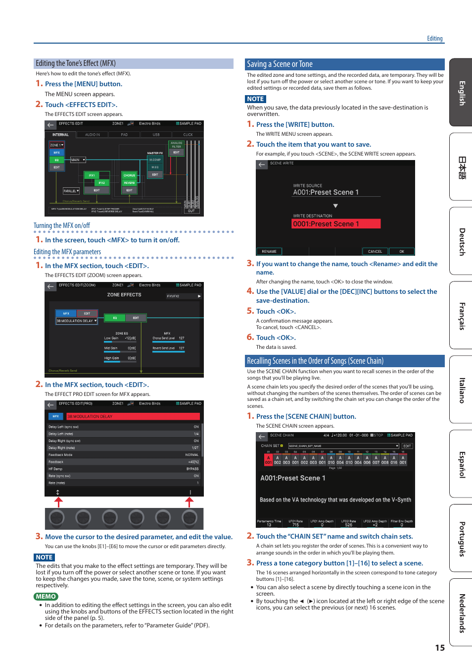 Saving a scene or tone, Recalling scenes in the order of songs, Scene chain) | Ene (p. 15), One (p. 15) | Roland FANTOM-7 76-Note Workstation Keyboard User Manual | Page 15 / 24