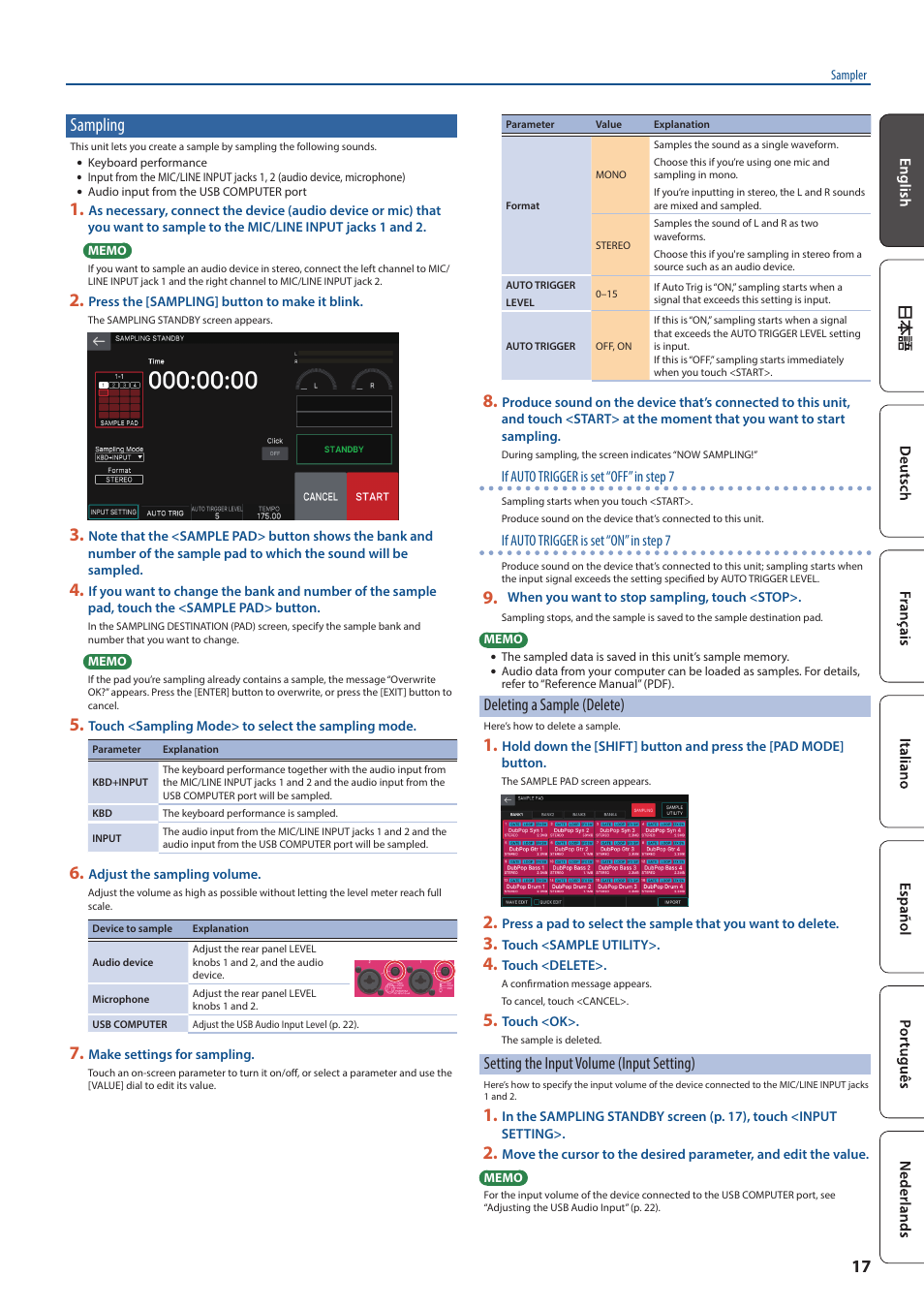 Sampling, Deleting a sample (delete), Setting the input volume (input setting) | Roland FANTOM-7 76-Note Workstation Keyboard User Manual | Page 17 / 24