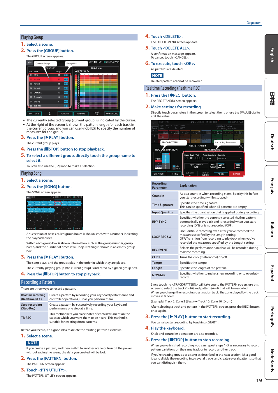 Recording a pattern, Playing group, Playing song | Realtime recording (realtime rec) | Roland FANTOM-7 76-Note Workstation Keyboard User Manual | Page 19 / 24