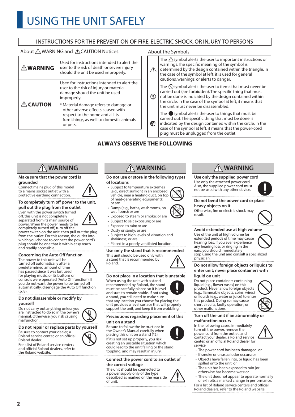Using the unit safely, P. 2), and, Warning | Always observe the following | Roland FANTOM-7 76-Note Workstation Keyboard User Manual | Page 2 / 24