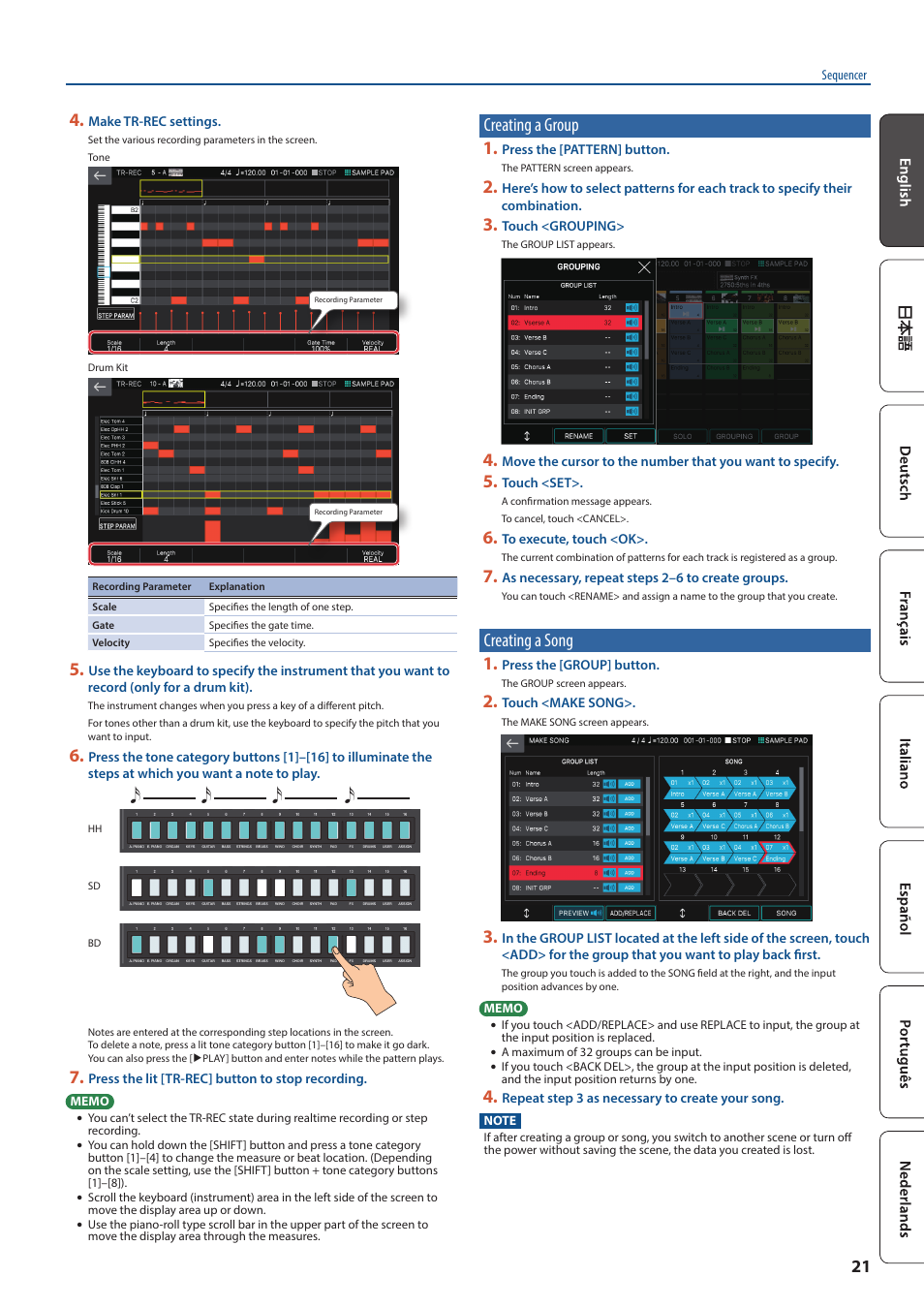 Creating a group, Creating a song, Creating a group 1 | Creating a song 1 | Roland FANTOM-7 76-Note Workstation Keyboard User Manual | Page 21 / 24