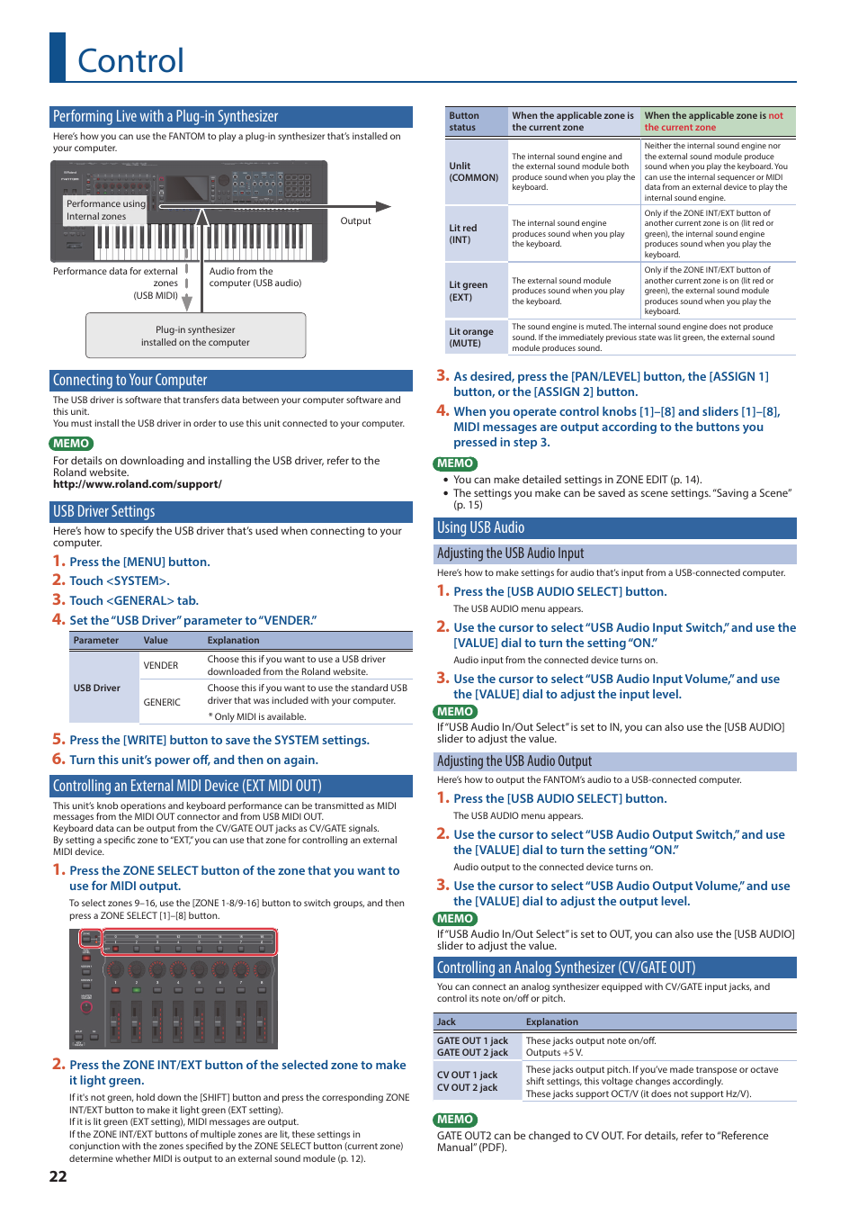 Control, Performing live with a plug-in synthesizer, Connecting to your computer | Usb driver settings, Controlling an external midi device (ext midi out), Using usb audio, Controlling an analog synthesizer (cv/gate out), Controlling an external midi device, Ext midi out), Controlling an analog synthesizer | Roland FANTOM-7 76-Note Workstation Keyboard User Manual | Page 22 / 24