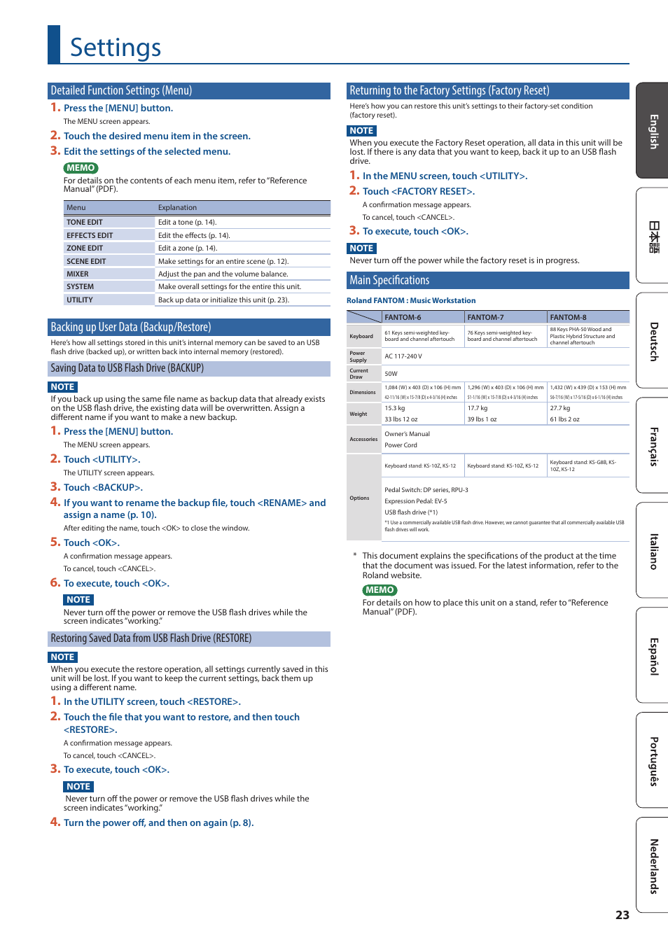 Settings, Detailed function settings (menu), Backing up user data (backup/restore) | Returning to the factory settings (factory reset), Main specifications, Detailed function settings, Menu), Backing up user data, Backup/restore), Returning to the factory settings | Roland FANTOM-7 76-Note Workstation Keyboard User Manual | Page 23 / 24