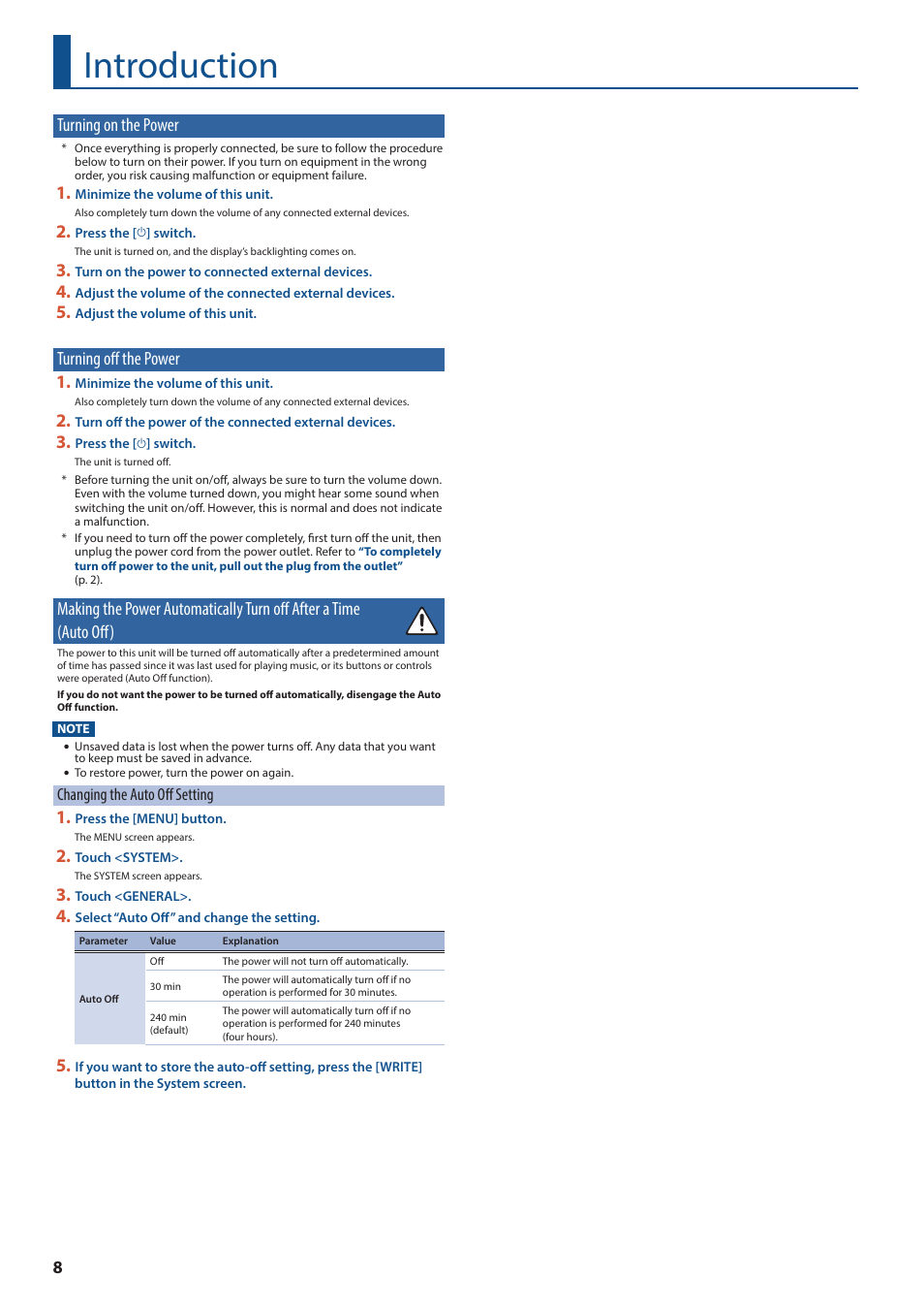 Introduction, Turning on the power, Turning off the power | Auto off), Turning off the power 1 | Roland FANTOM-7 76-Note Workstation Keyboard User Manual | Page 8 / 24