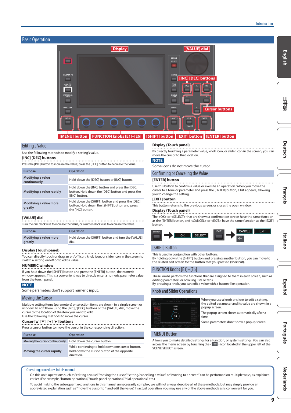 Basic operation, Editing a value, Moving the cursor | Confirming or canceling the value, Shift] button, Function knobs [e1]–[e6, Knob and slider operations, Menu] button | Roland FANTOM-7 76-Note Workstation Keyboard User Manual | Page 9 / 24