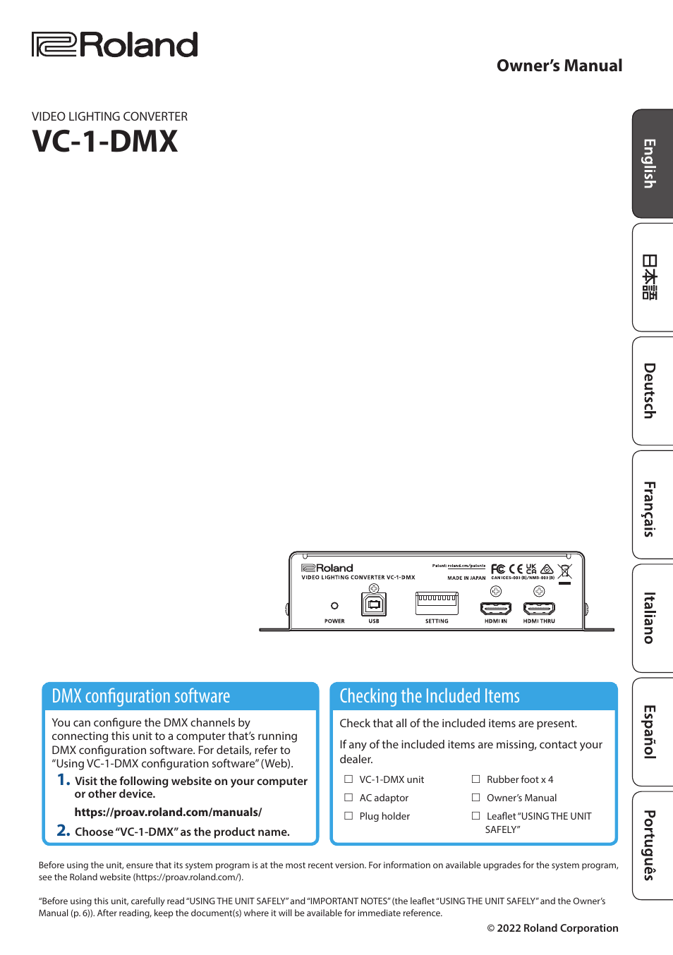 Roland VC-1-DMX Video Lighting Converter User Manual | 6 pages