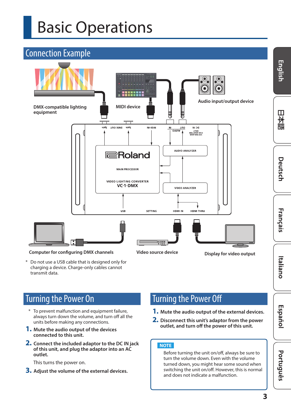 Basic operations, Connection example, Turning the power on | Turning the power off | Roland VC-1-DMX Video Lighting Converter User Manual | Page 3 / 6