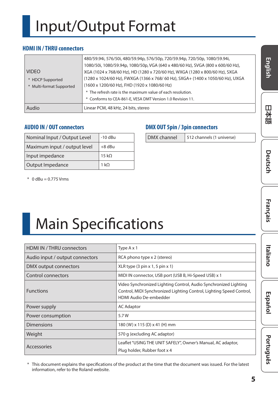 Input/output format, Main specifications, Hdmi in / thru connectors | Audio in / out connectors, Dmx out 5pin / 3pin connectors | Roland VC-1-DMX Video Lighting Converter User Manual | Page 5 / 6