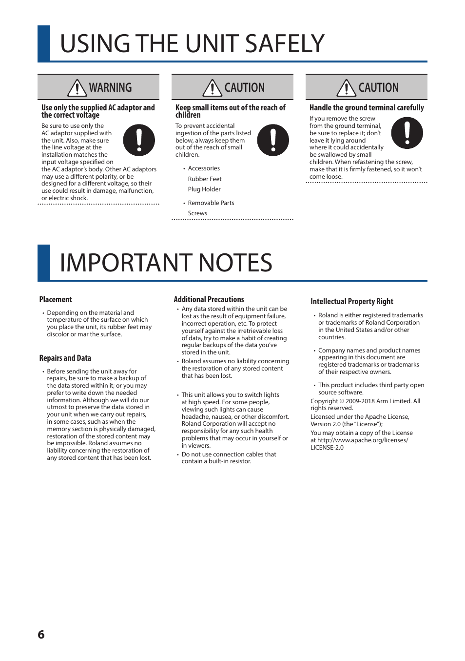 Using the unit safely, Important notes, Warning | Caution | Roland VC-1-DMX Video Lighting Converter User Manual | Page 6 / 6