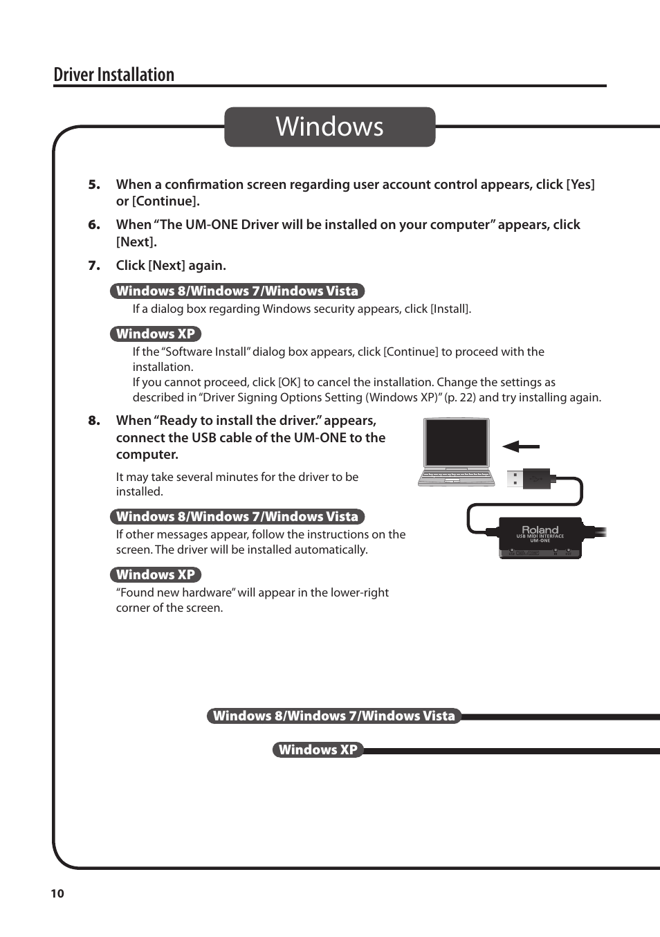 Windows, Driver installation | Roland UM-ONE mk2 - In-Line USB MIDI Interface User Manual | Page 10 / 28