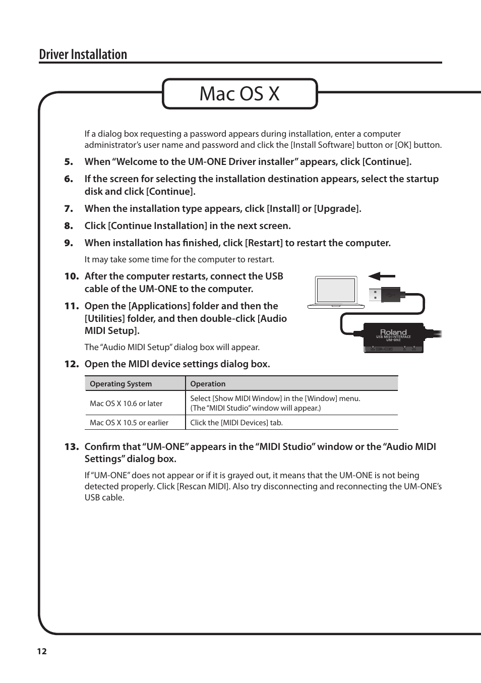 Mac os x, Driver installation | Roland UM-ONE mk2 - In-Line USB MIDI Interface User Manual | Page 12 / 28