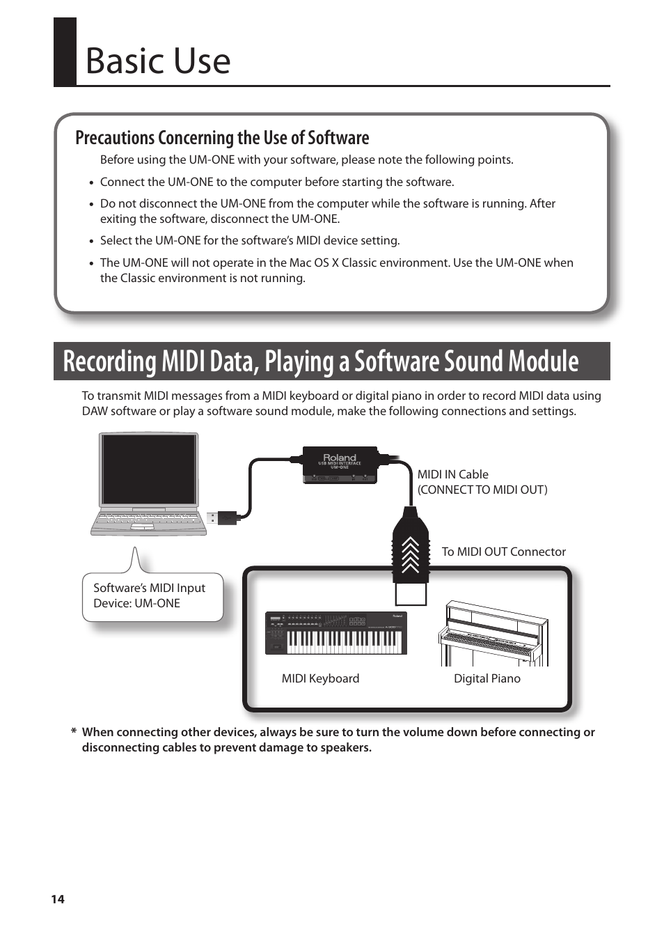 Basic use, Precautions concerning the use of software | Roland UM-ONE mk2 - In-Line USB MIDI Interface User Manual | Page 14 / 28