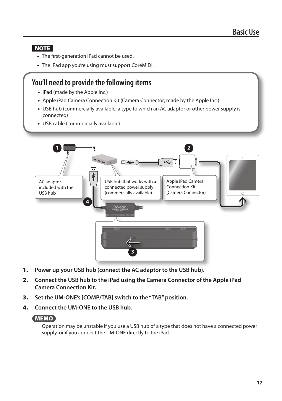 Basic use, You’ll need to provide the following items | Roland UM-ONE mk2 - In-Line USB MIDI Interface User Manual | Page 17 / 28