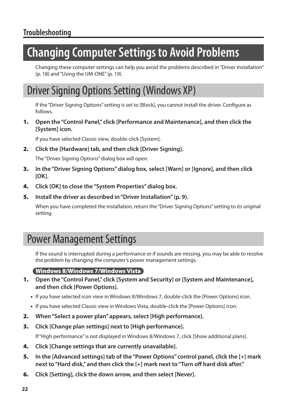 Changing computer settings to avoid problems, Driver signing options setting (windows xp), Power management settings | Setting (p. 22), Troubleshooting | Roland UM-ONE mk2 - In-Line USB MIDI Interface User Manual | Page 22 / 28