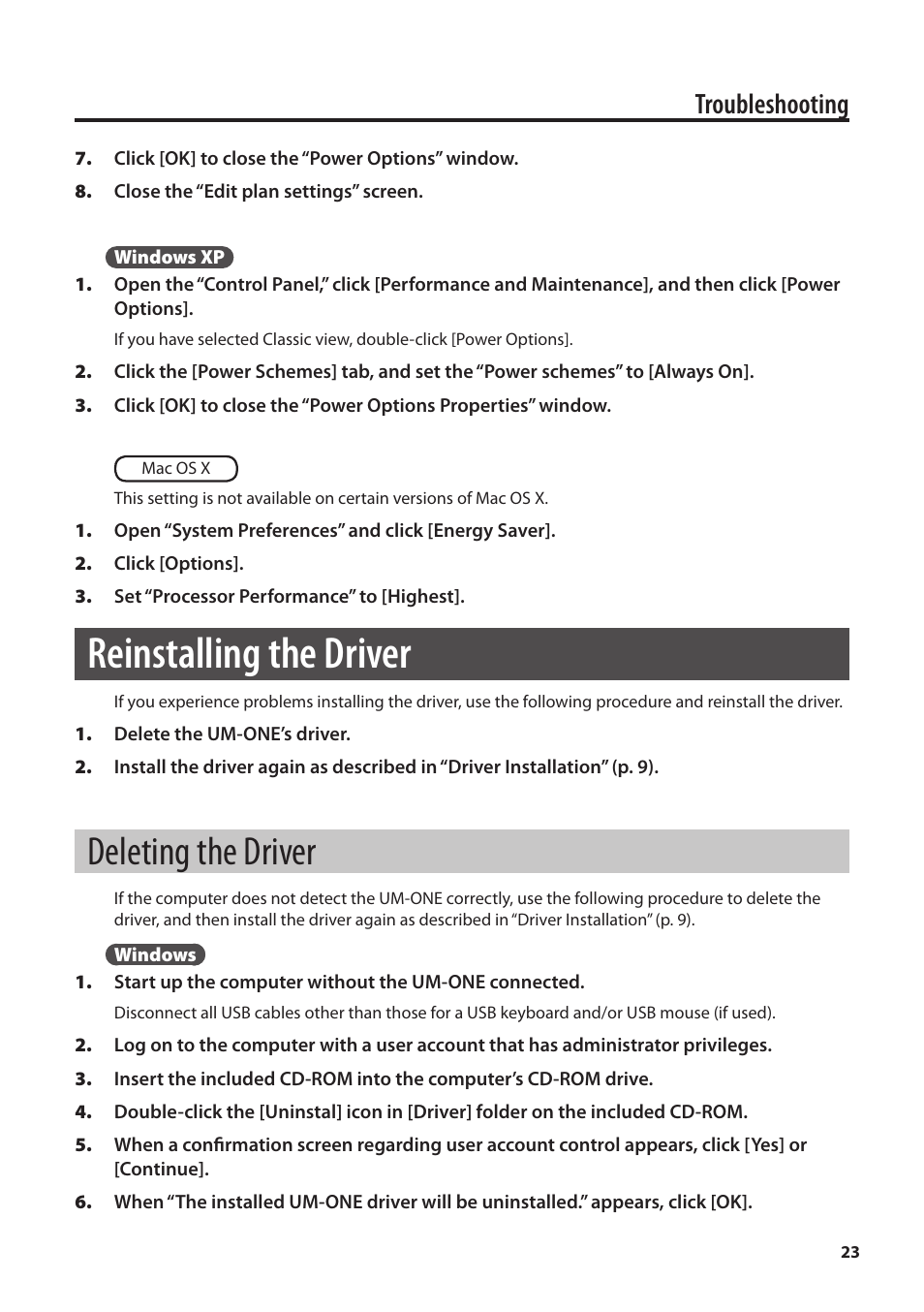 Reinstalling the driver, Deleting the driver, Er (p. 23) | P. 23), Troubleshooting | Roland UM-ONE mk2 - In-Line USB MIDI Interface User Manual | Page 23 / 28