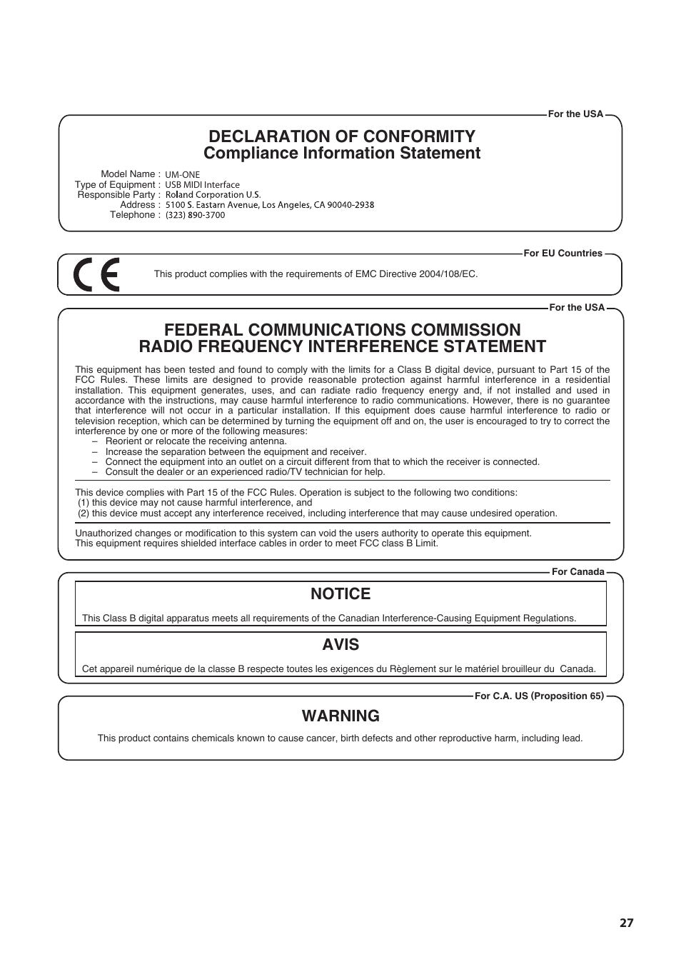 Notice avis, Warning | Roland UM-ONE mk2 - In-Line USB MIDI Interface User Manual | Page 27 / 28