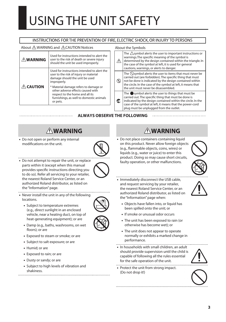 Using the unit safety | Roland UM-ONE mk2 - In-Line USB MIDI Interface User Manual | Page 3 / 28