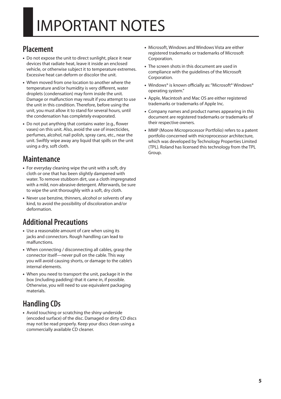 Important notes, Placement, Maintenance | Additional precautions, Handling cds | Roland UM-ONE mk2 - In-Line USB MIDI Interface User Manual | Page 5 / 28