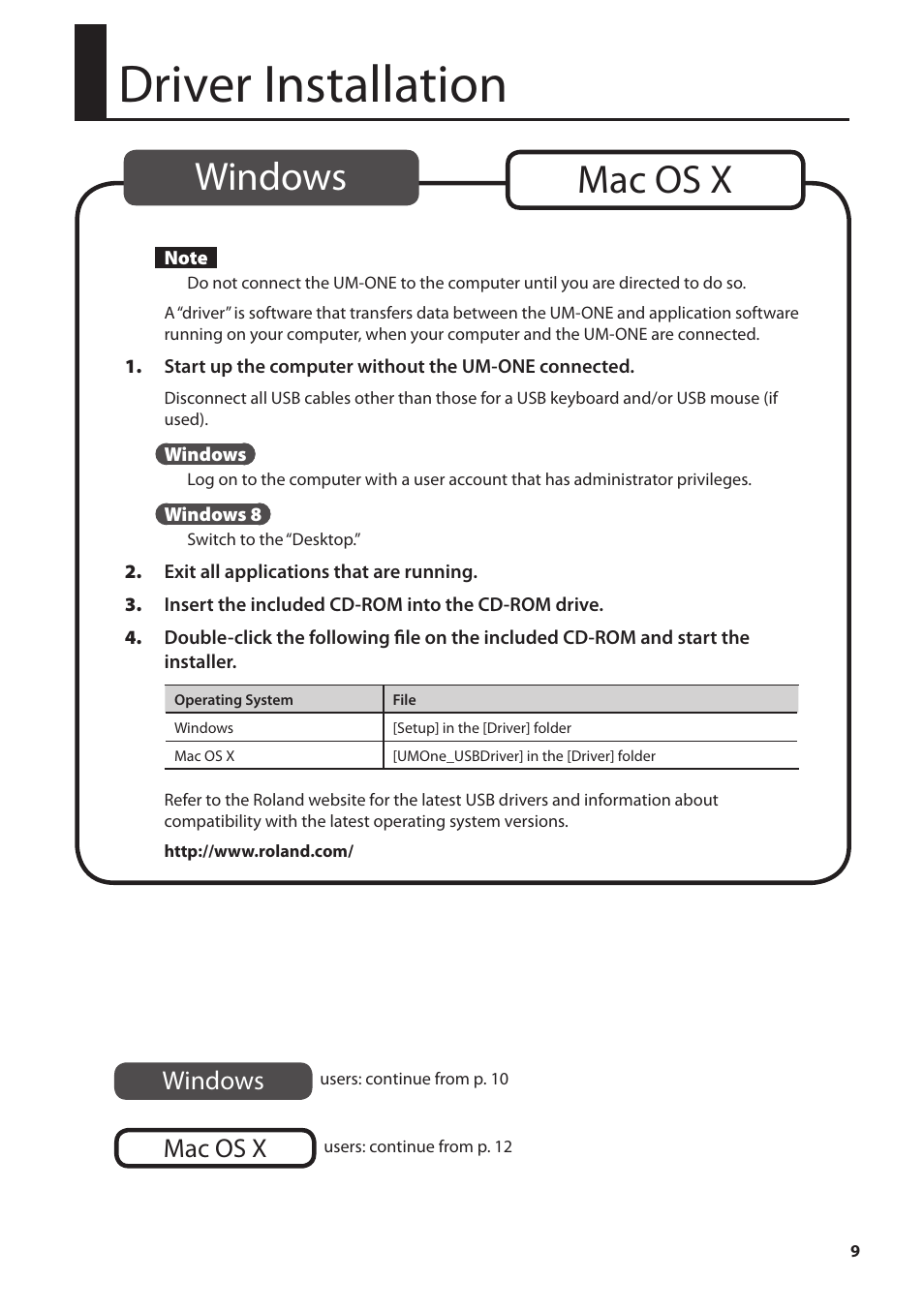 Driver installation, Er has been installed (p. 9), Windows mac os x | Windows, Mac os x | Roland UM-ONE mk2 - In-Line USB MIDI Interface User Manual | Page 9 / 28