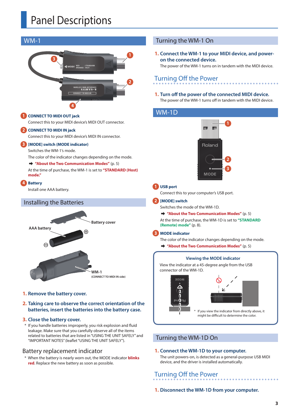 Panel descriptions, Wm-1, Installing the batteries | Turning the wm-1 on, Wm-1d, Turning the wm-1d on, Turning off the power, Battery replacement indicator | Roland WM-1D Wireless MIDI Dongle for Computers User Manual | Page 3 / 10