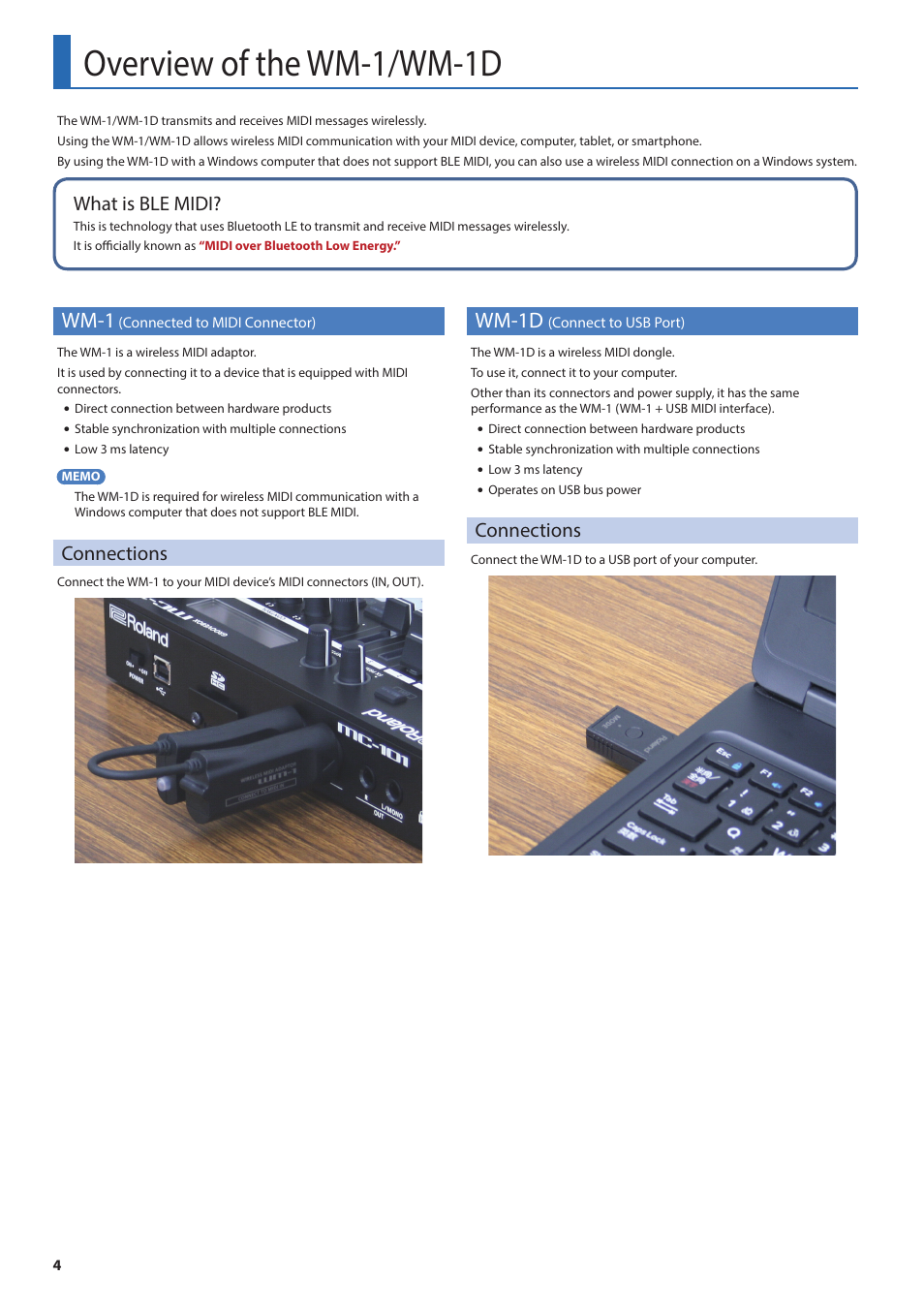 Overview of the wm-1/wm-1d, Wm-1 (connected to midi connector), Connections | Wm-1d (connect to usb port), Wm-1, Connected to midi connector), Wm-1d, Connect to usb port), What is ble midi | Roland WM-1D Wireless MIDI Dongle for Computers User Manual | Page 4 / 10