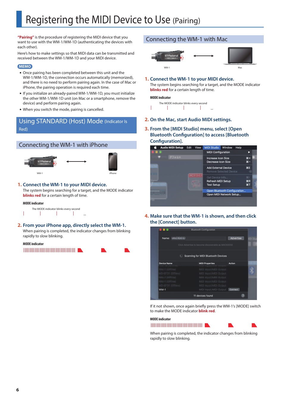 Registering the midi device to use (pairing), Using standard (host) mode (indicator is red), Connecting the wm-1 with iphone | Connecting the wm-1 with mac, Registering the midi device to use, Pairing), Using standard (host) mode, Indicator is red) | Roland WM-1D Wireless MIDI Dongle for Computers User Manual | Page 6 / 10