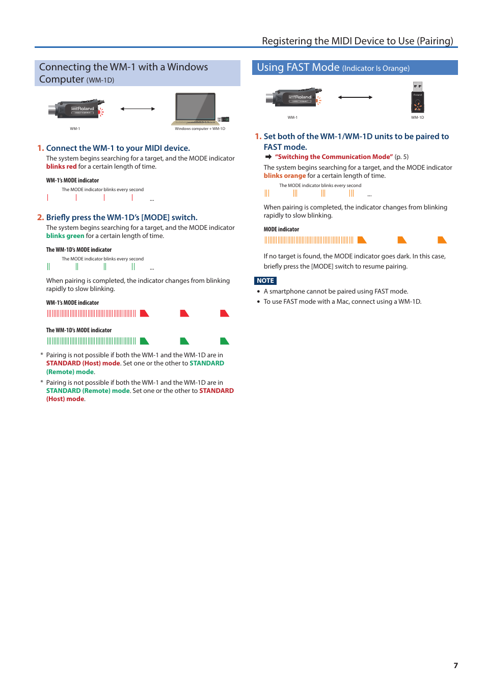 Using fast mode (indicator is orange), Connecting the wm-1 with a windows computer, Wm-1d) | Using fast mode, Indicator is orange) | Roland WM-1D Wireless MIDI Dongle for Computers User Manual | Page 7 / 10