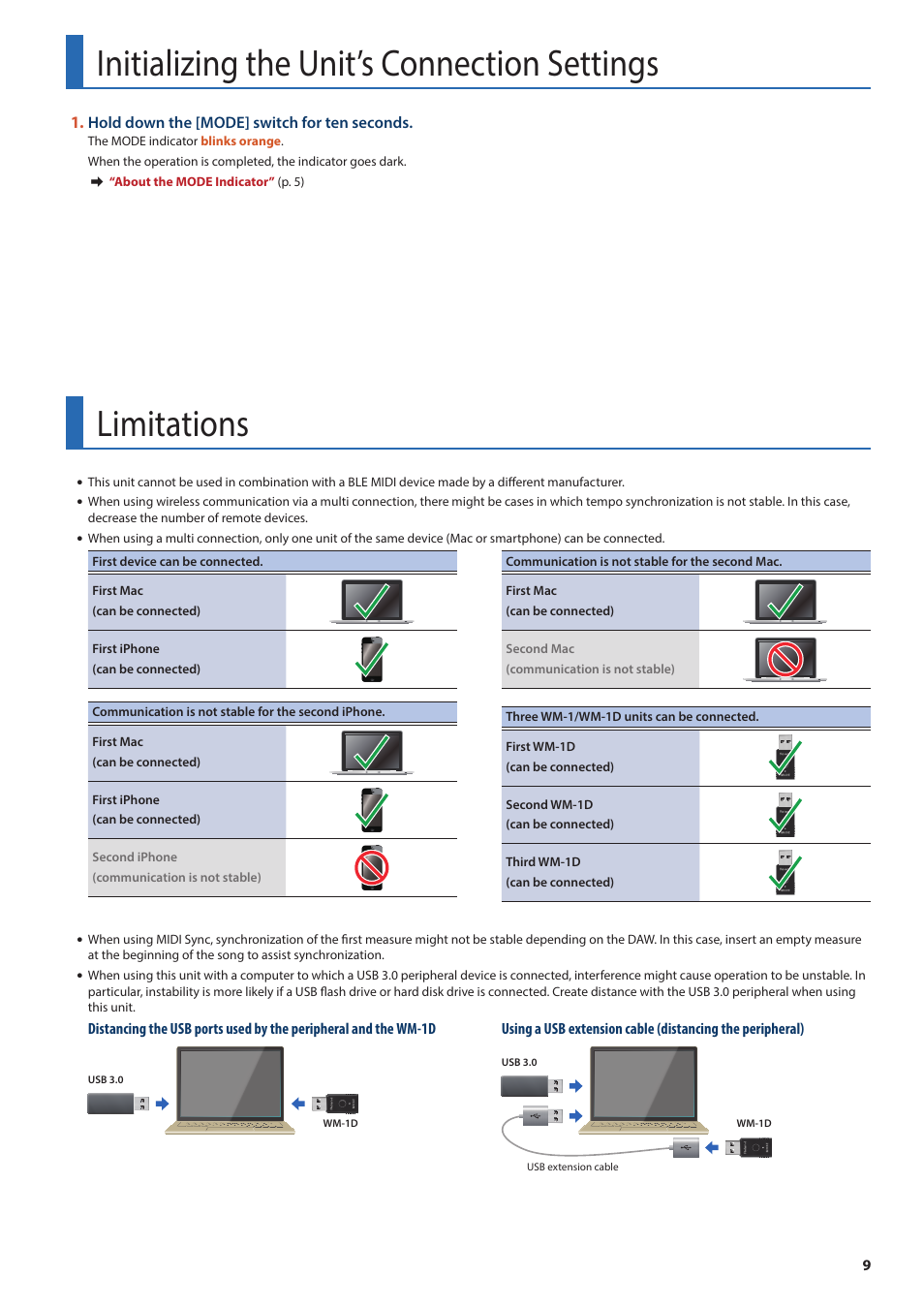 Initializing the unit’s connection settings, Limitations, P. 9) | Roland WM-1D Wireless MIDI Dongle for Computers User Manual | Page 9 / 10