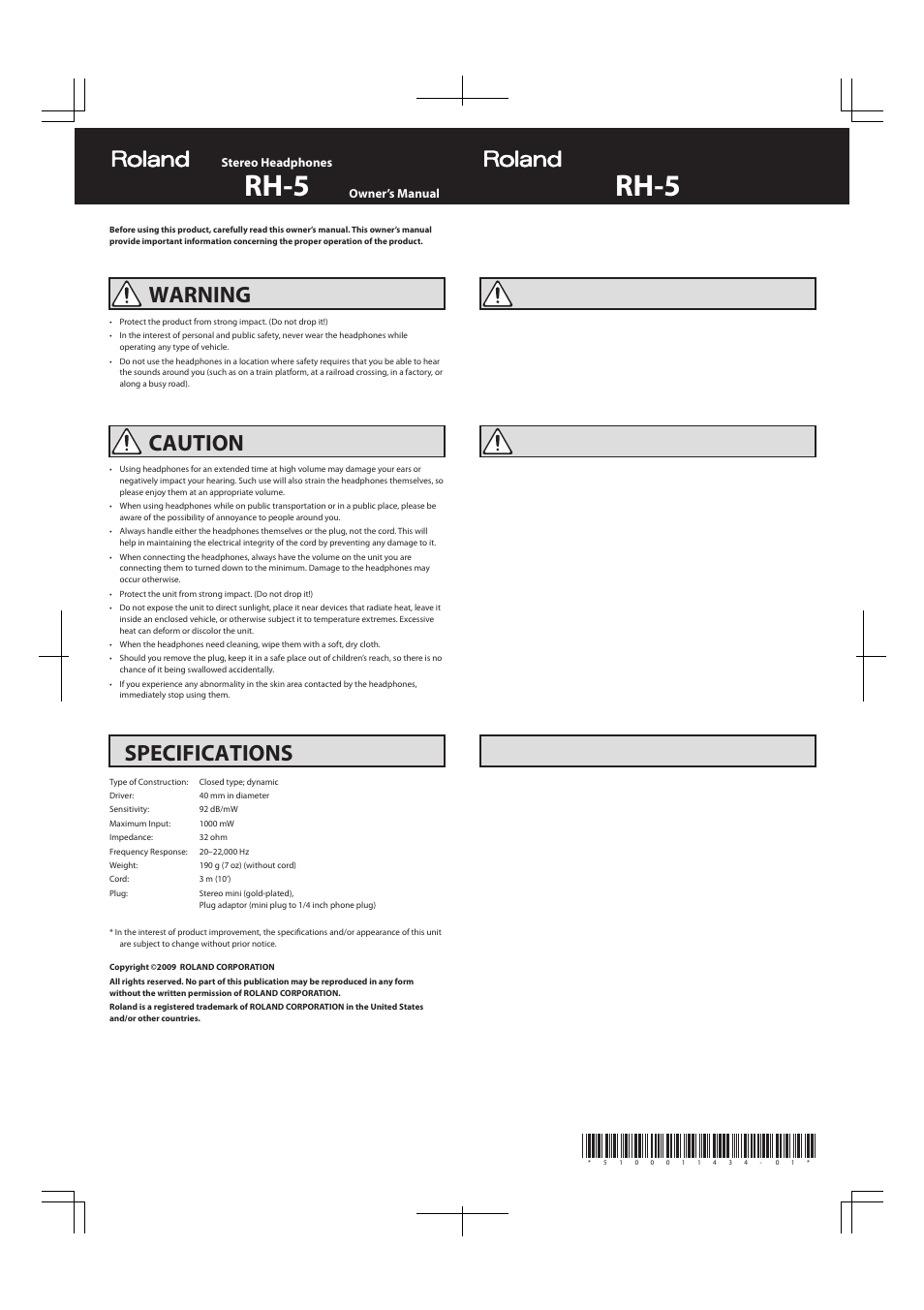 Roland RH-5 Around-Ear Stereo Headphones User Manual | 2 pages