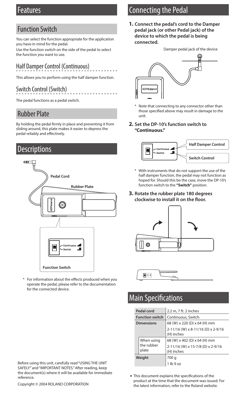 Features, Descriptions, Connecting the pedal | Main specifications, Function switch, Rubber plate, Half damper control (continuous), Switch control (switch) | Roland DP-10 - Damper Pedal User Manual | Page 2 / 2