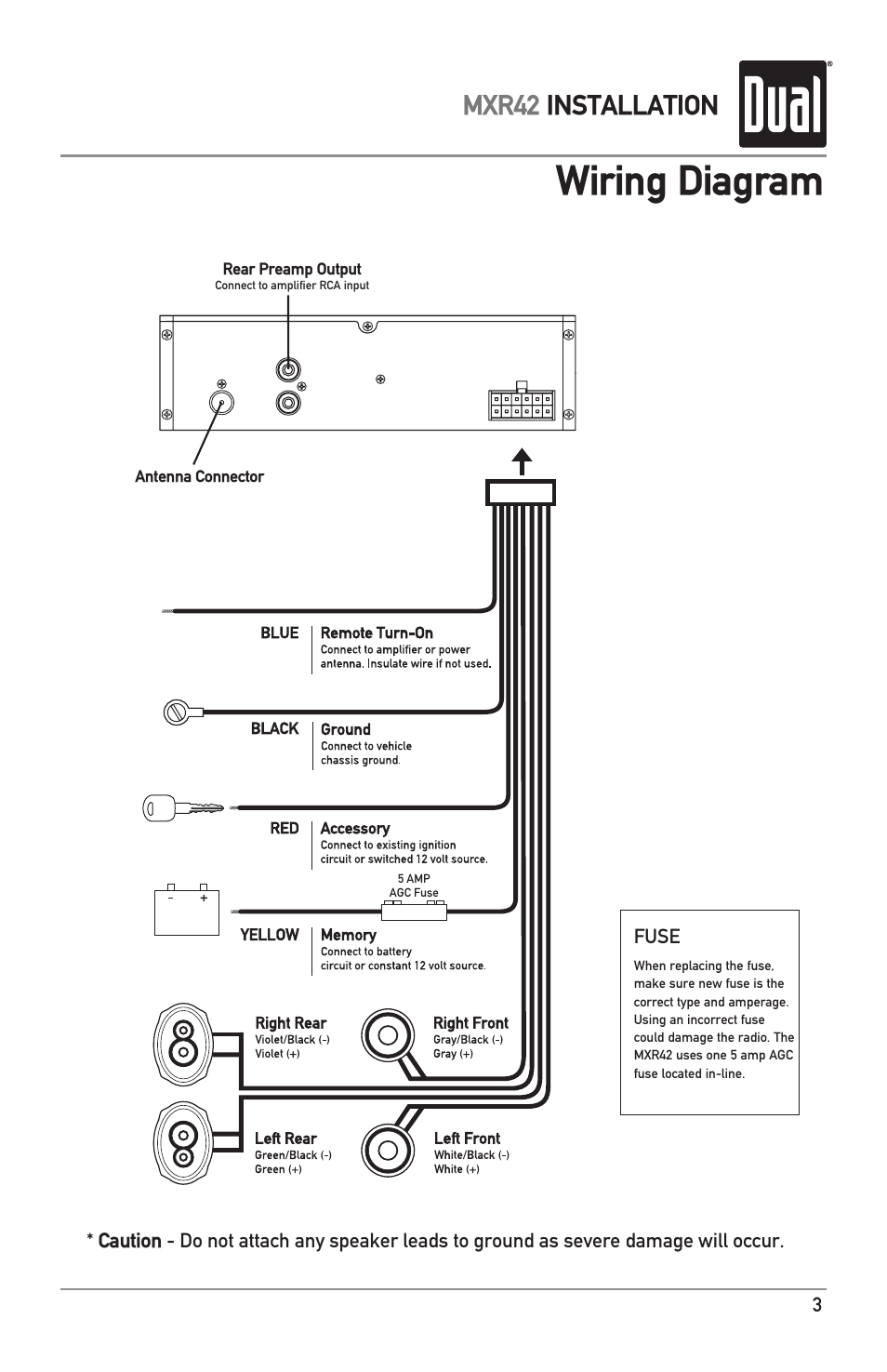Wiring diagram, Mxr42 installation | Dual MXR42 User Manual | Page 3 / 12