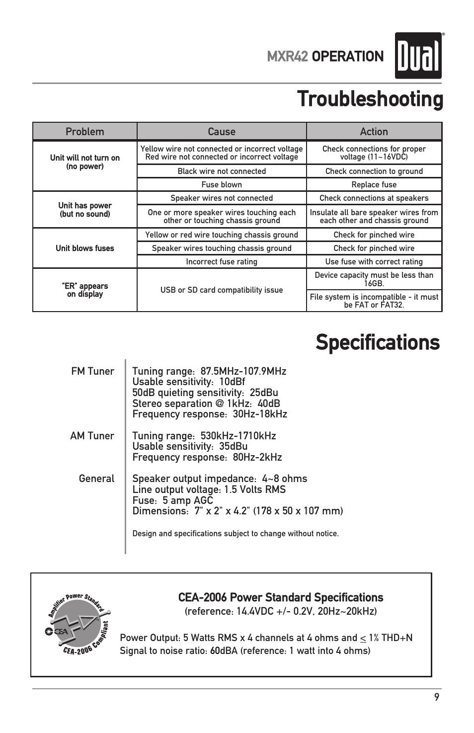 Troubleshooting, Specifications, Mxr42 operation | Cea-2006 power standard specifications | Dual MXR42 User Manual | Page 9 / 12