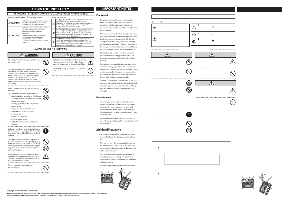 Warning, Caution, Placement | Maintenance, Additional precautions | Roland RPU-3 Pedal Unit User Manual | Page 2 / 2