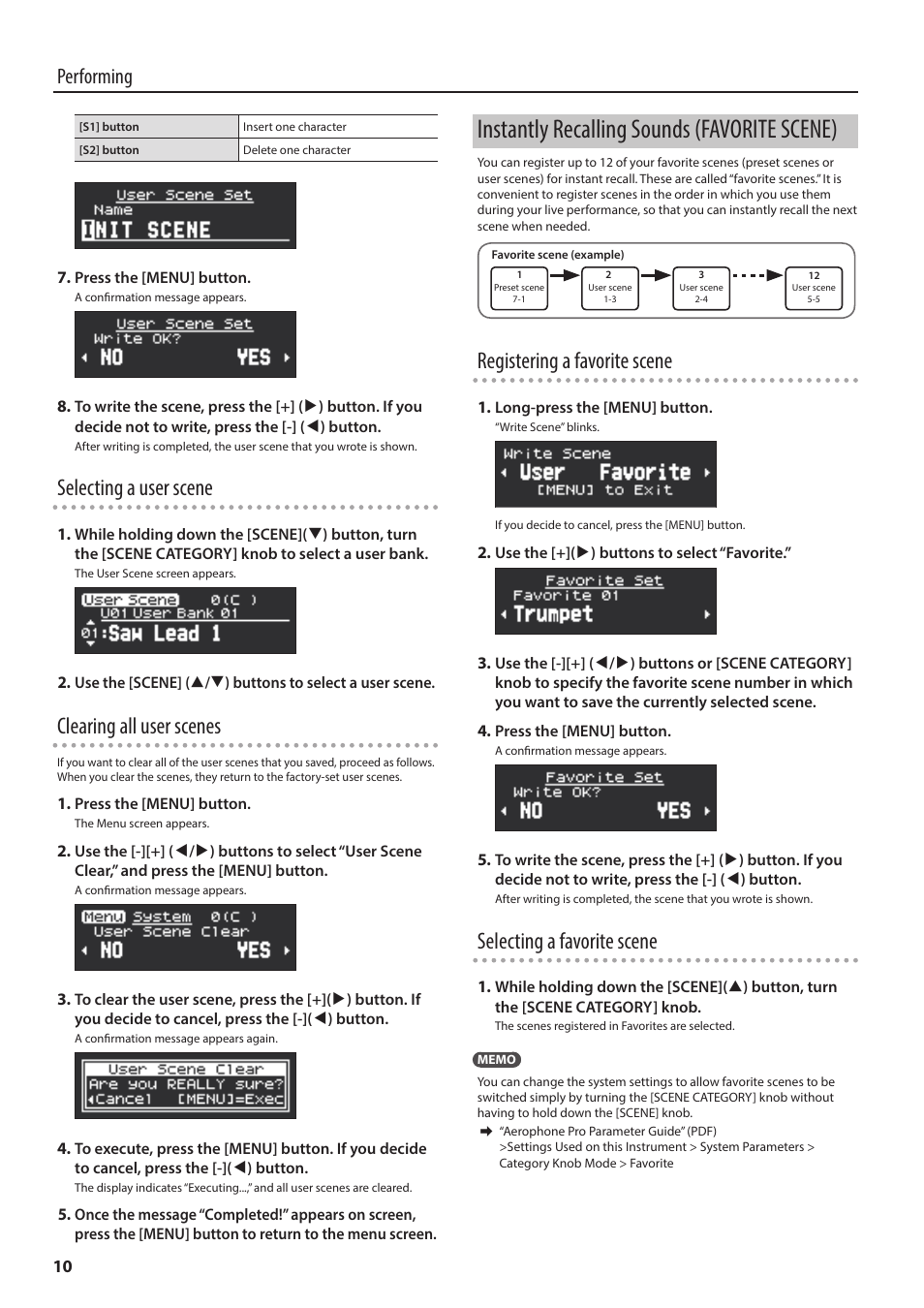 Instantly recalling sounds (favorite scene), Registering a favorite scene” (p. 10), Selecting a user scene | Clearing all user scenes, Registering a favorite scene, Selecting a favorite scene, Performing | Roland Aerophone Pro Digital Wind Instrument User Manual | Page 10 / 36