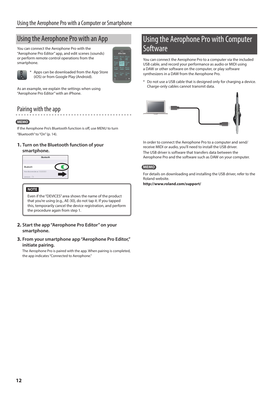 Using the aerophone pro with an app, Using the aerophone pro with computer software, Pairing with the app | Roland Aerophone Pro Digital Wind Instrument User Manual | Page 12 / 36