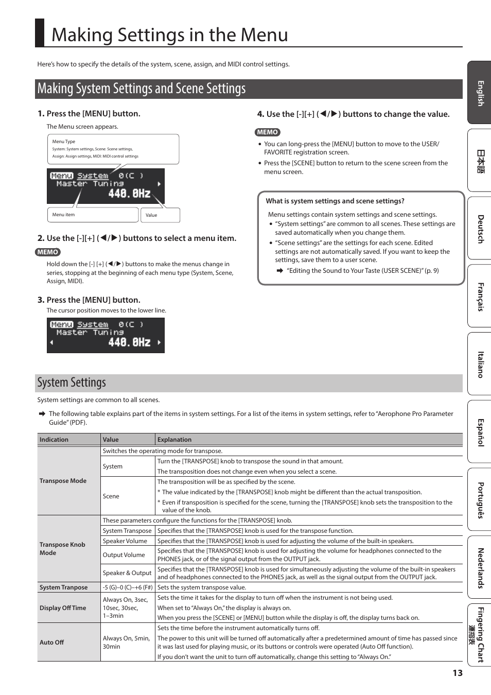 Making settings in the menu, Making system settings and scene settings, System settings | Ed (p. 13), Making settings in the menu” (p. 13) | Roland Aerophone Pro Digital Wind Instrument User Manual | Page 13 / 36